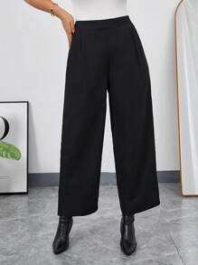 SHEIN Privé Plus Solid Wide Leg Pants - Black - View 1
