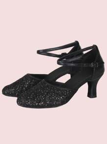 黑色舞廳舞鞋適合女士包頭踝帶拉丁語薩爾薩舞舞蹈高跟鞋軟底