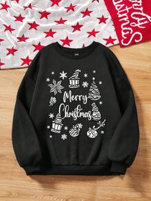 SHEIN Essnce Christmas Print Drop Shoulder Sweatshirt - Black - View 3