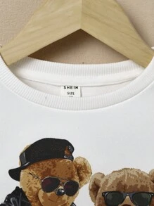 SHEIN Leap Crew Áo nỉ dệt kim dài tay cổ tròn họa tiết gấu bông dễ thương cho bé trai, mùa thu/đông - Nhiều màu - Xem 3