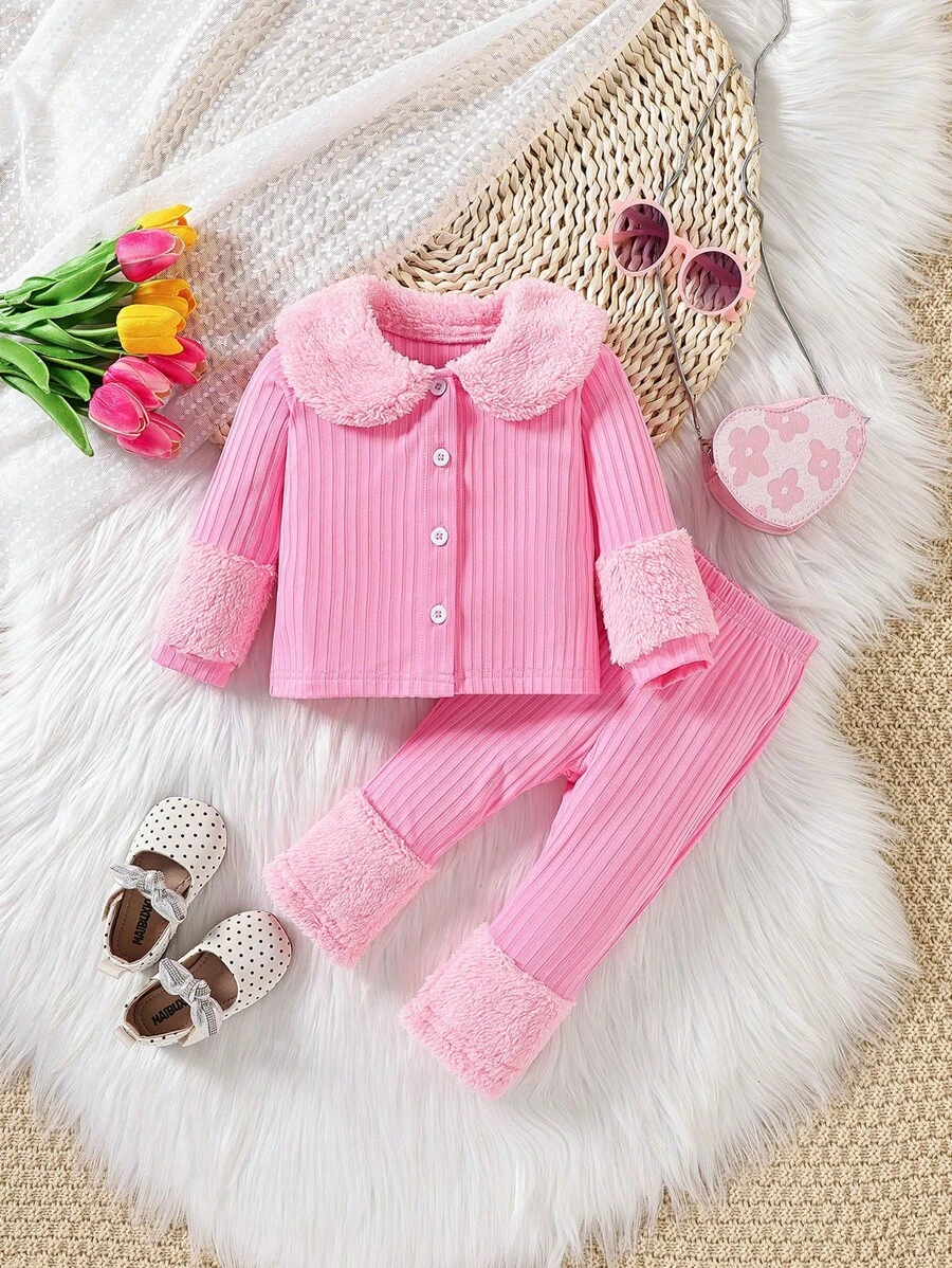 女嬰拼接毛茸茸拼塊羊絨領口前紐扣夾克和褲子 - 玫紅色 - 查看 1
