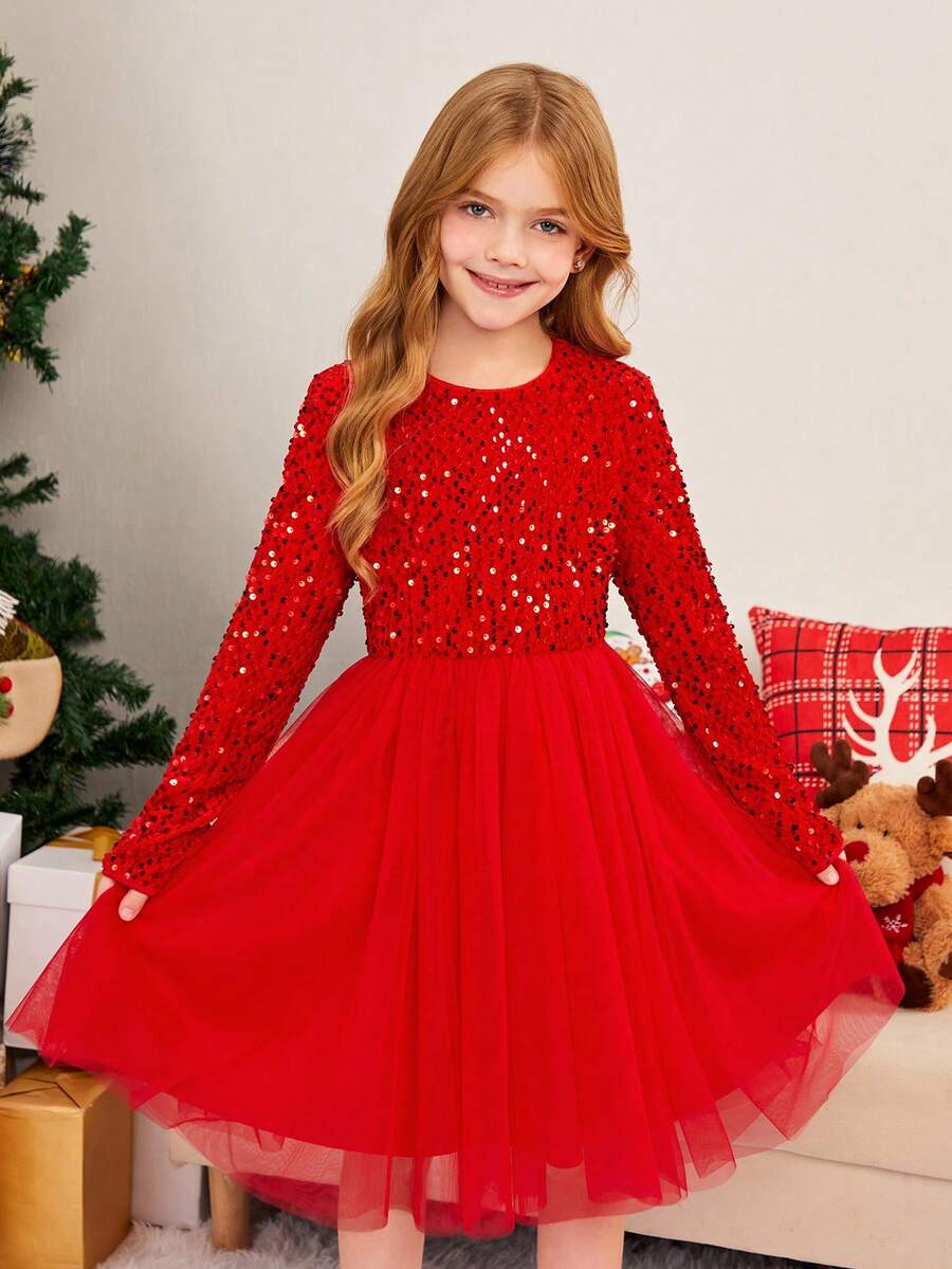 Vestido de malla tejida para niña preadolescente con cuello redondo de punto con cuentas y parches - Rojo - Ver 1