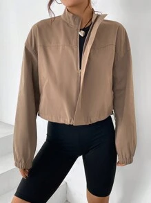 Muchica Drawstring Hem Drop Shoulder Zip Up Drawstring Hem Jacket - Brown - View 4