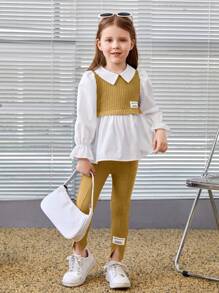 SHEIN Young Girl Letter Patched Flounce Sleeve Peplum Top & Pants - Yellow - View 1