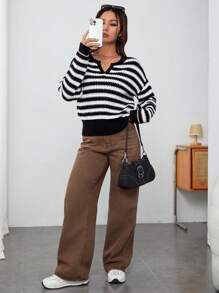 SHEIN EZwear Striped Pattern Notched Neck Drop Shoulder Sweater - Black and White - View 3