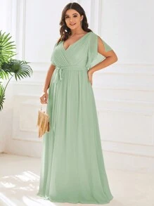 EVERPRETTY Plus Elegant V Neck Pleated Ruffle Sleeves Floor Length Fall Winter Green Wedding Guest Dresses Bridesmaid Formal Dresses For Party - Mint Green - View 6