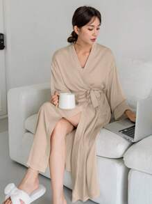 DAZY Solid Belted Wrap Robe Pajama Fall,Winter - Khaki - View 5