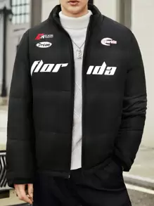 Manfinity Homme Men's Loose Fit Padded Coat With Letter Graphic And Zip-Up Closure - Black - View 1