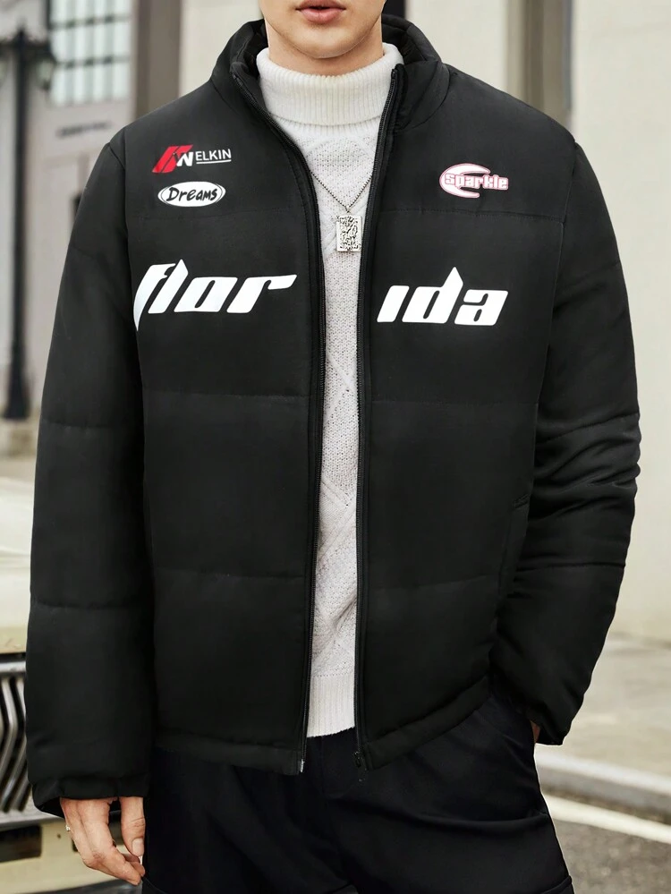 Men's Loose Fit Padded Coat With Letter Graphic And Zip-Up Closure