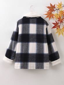 男大童1入組格紋印花羊絨領口翻蓋口袋毛絨內襯外套 - 藍色 - 查看 2