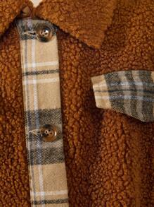 SHEIN Tween Girl Plaid Panel Drop Shoulder Teddy Jacket - Khaki - View 5