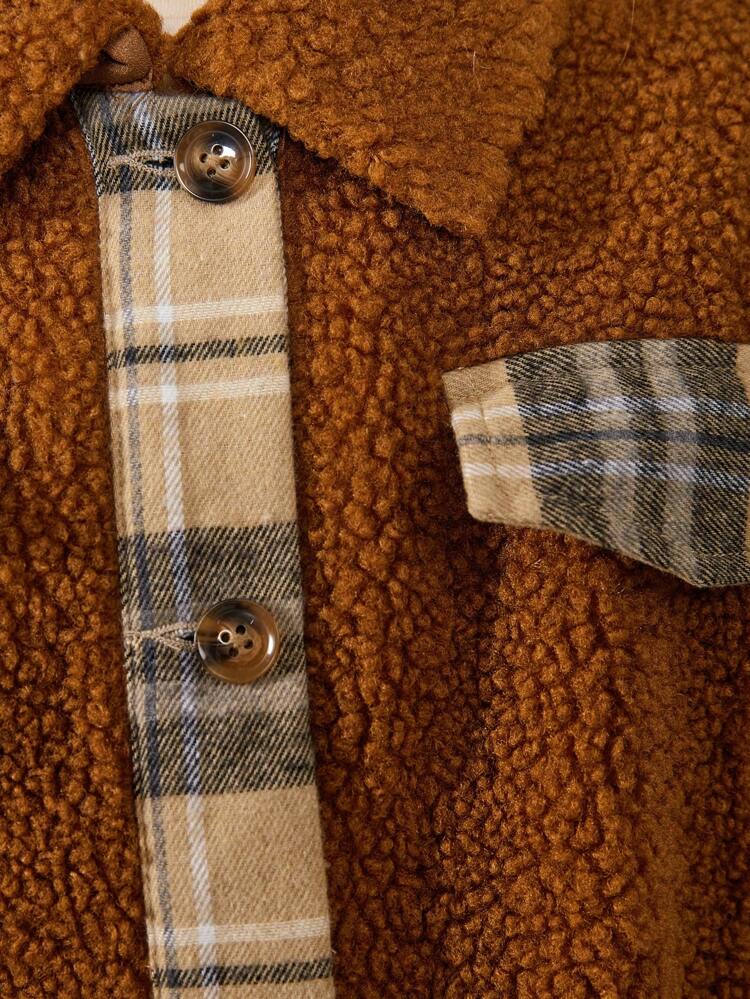 Tween Girl Plaid Panel Drop Shoulder Teddy Jacket