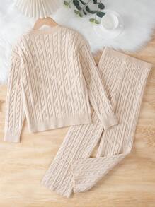 SHEIN Tween Girl Solid Sweater & Cable Knit Pants - Apricot - View 2