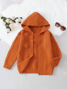 SHEIN 女大童麻花編織連帽開襟開衫 - 橘色 - 查看 1