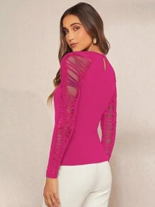 SHEIN Clasi Solid Ripped Raglan Sleeve Slim Fit Tee - Hot Pink - View 2