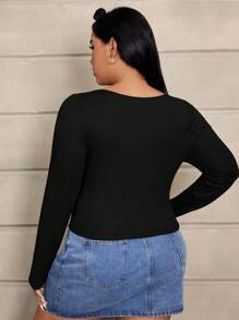 SHEIN EZwear 大碼前紐扣T恤 - 黑色 - 查看 2