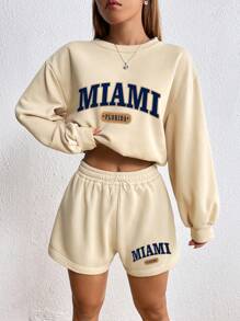 INAWLY Letter Graphic Drop Shoulder Hoodie & Drawstring Waist Shorts