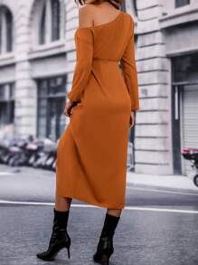 SHEIN Privé 纯色不对称领口结饰侧裹式下摆连衣裙 - 摩卡棕 - 查看 2