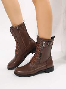 新款时尚舒适女士中筒系带休闲靴 - 棕色 - 查看 2