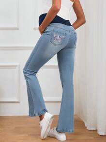 SHEIN 孕婦蝴蝶刺繡牛仔喇叭褲 - 淺色水洗藍 - 查看 1