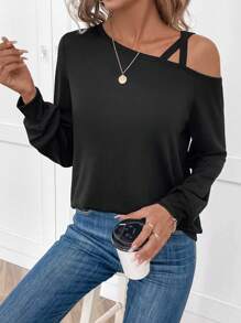 SHEIN LUNE Women's Casual Comfort Text I Love Paris Raglan Sleeve T-Shirt With Cross Straps And Cuffs - Black - View 4