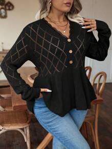 EMERY ROSE Plus Contrast Lace Button Front Peplum Pointelle Knit Sweater, For Winter Knit Pullover Fall Outfit - Black - View 5