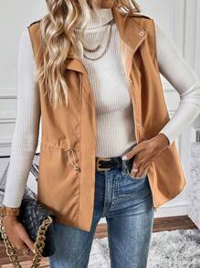 SHEIN LUNE Drawstring Waist Zip Up Vest Coat