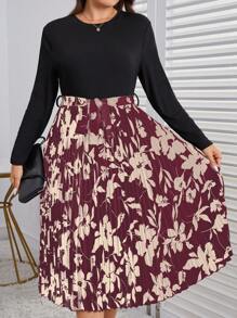 SHEIN Clasi 大碼印花百褶下擺洋裝 - 紅白色 - 查看 1