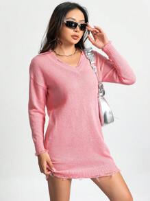 Chiquease Solid Drop Shoulder Distressed Sweater Dress