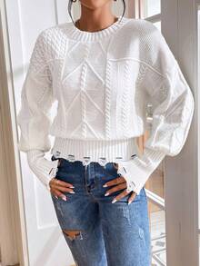 SHEIN Essnce Jersey tejido de cable de hombros caídos - Blanco - Ver 4