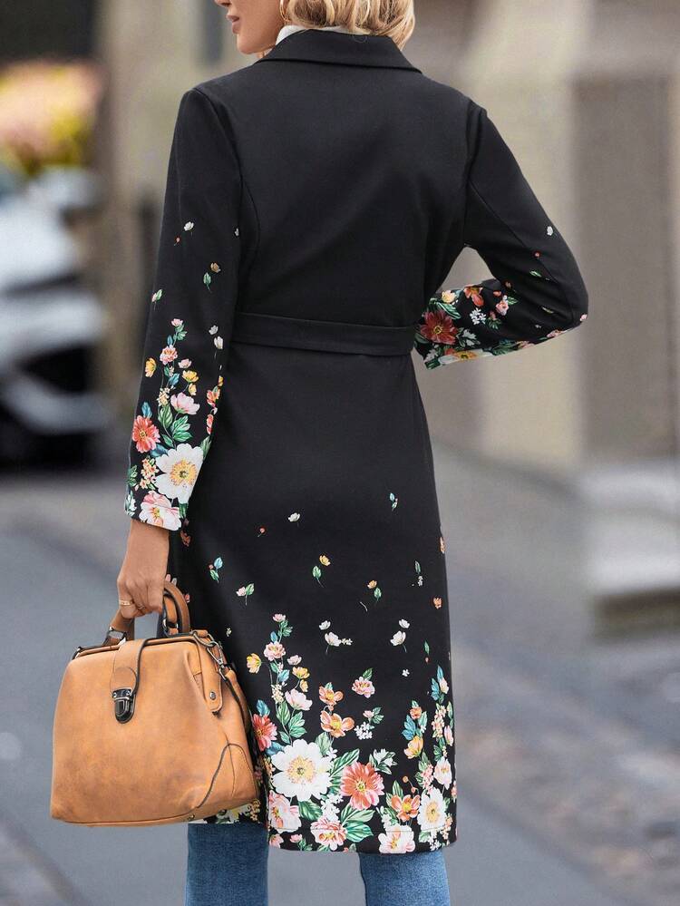 Floral Print Lapel Collar Slant Pocket Overcoat Fall Cloth For Women