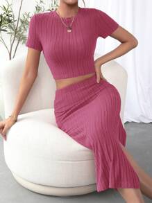 SHEIN Essnce Solid Crop Tee & Split Thigh Skirt - Hot Pink - View 5