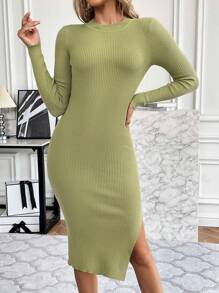 SHEIN Clasi Vestido de punto de muslo con abertura tejido de canalé - Verde - Ver 4