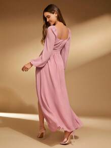 SHEIN Belle 雞心領口燈籠袖高衩伴娘洋裝 - 藕粉色 - 查看 2