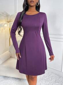 SHEIN Lady Solid Scoop Neck A-line Dress - Purple - View 5