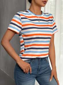SHEIN Frenchy Striped Print Round Neck Tee