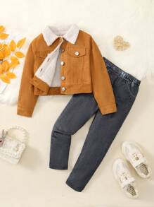 SHEIN 女小童羊絨領口毛絨內襯夾克和牛仔效果印花長褲 - 卡其色 - 查看 1