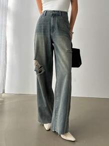 DAZY Rách Raw Hem Râu mèo Denim mùa giặt quần ống rộng Quần jean - Màu xanh bụi bặm - Xem 3