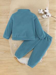 SHEIN 男嬰字母貼布半拉鏈衛衣和衛褲 - 藍色 - 查看 2