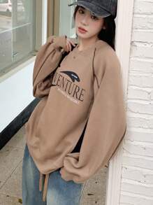 DAZY Đồ họa Chữ cái Thả vai Áo chui đầu Oversized - Màu Khaki - Xem 3