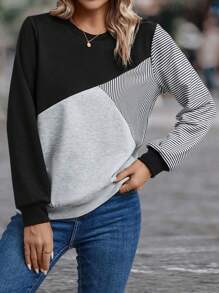 EMERY ROSE Striped Print Colorblock Sweatshirt - Grey - View 4