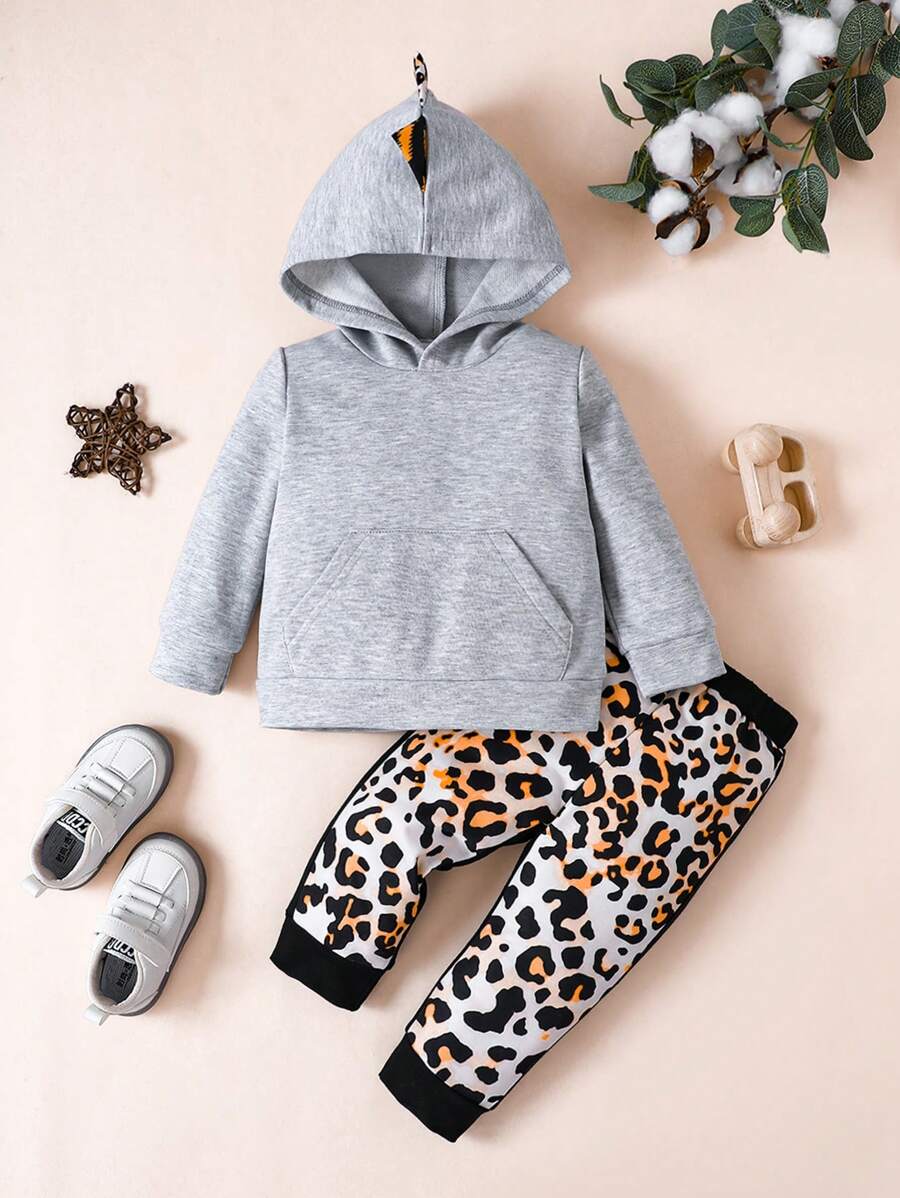 男嬰3D耳朵袋鼠口袋連帽衫和豹紋印花衛褲