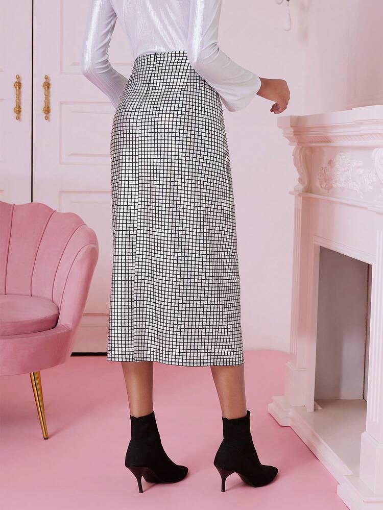 Plaid Twist Front Split Thigh Skirt Fall Cloth For Women