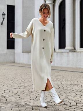 SHEIN Pulloverkleid mit Knopf Detail, Schlitz am Saum, Drop Shoulder