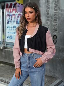 SHEIN Unity Colorblock Asymmetrical Hem Crop Jacket - Multicolor - View 6