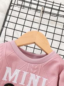 SHEIN Young Girl Bear And Letter Embroidery Sweatshirt & Sweatpants - Pink - View 5