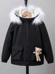 Tween Boy 1 件熊装饰毛绒装饰泰迪熊衬里连帽加厚外套