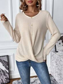 SHEIN LUNE Twist Hem Waffle Knit Tee Fall Cloth For Women - White - View 4