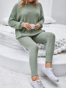 SHEIN LUNE 大碼落肩袖連帽衫和緊身褲 - 綠色 - 查看 6