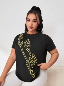 SHEIN Daily&Casual 大碼字母圖案運動T恤 - 黑色 - 查看 5